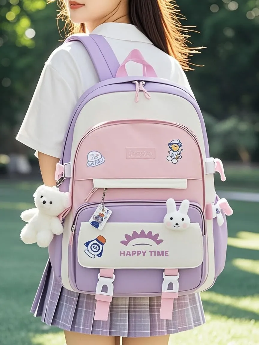 3pcs Girls Backpack, Kawaii School Backpack For Kids Children With Lunch Bag and Pencil Case (rabbit-purple)