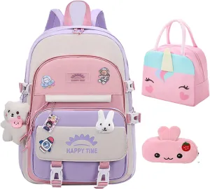 3pcs Girls Backpack, Kawaii School Backpack For Kids Children With Lunch Bag and Pencil Case (rabbit-purple)
