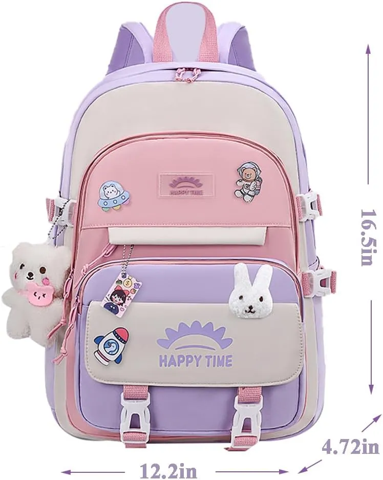 3pcs Girls Backpack, Kawaii School Backpack For Kids Children With Lunch Bag and Pencil Case (rabbit-purple)