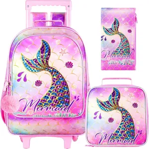 3PCS Mermaid Rolling Backpack for Girls, Kids School Backpacks with Wheels, Water Resistant UV Printed Roller Wheeled Bookbag Set with Lunch Box