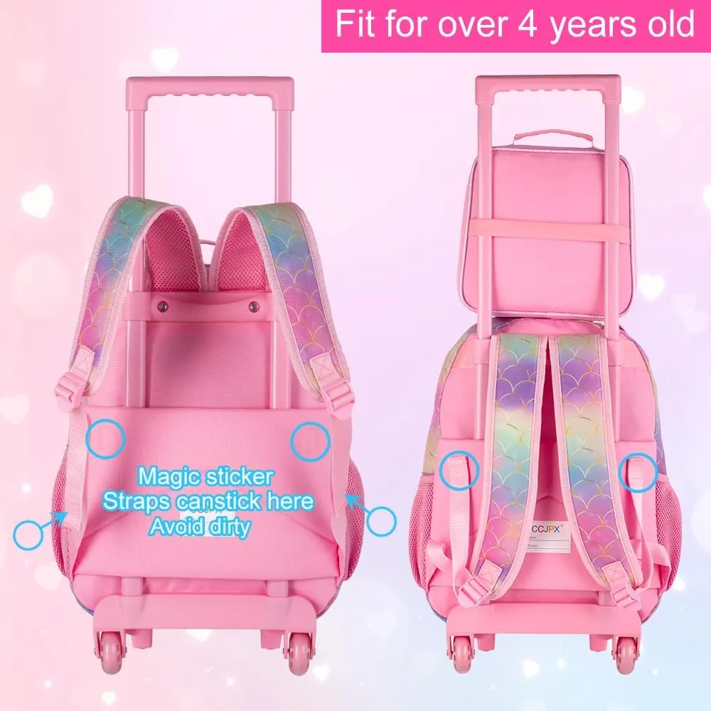 3PCS Mermaid Rolling Backpack for Girls, Kids School Backpacks with Wheels, Water Resistant UV Printed Roller Wheeled Bookbag Set with Lunch Box