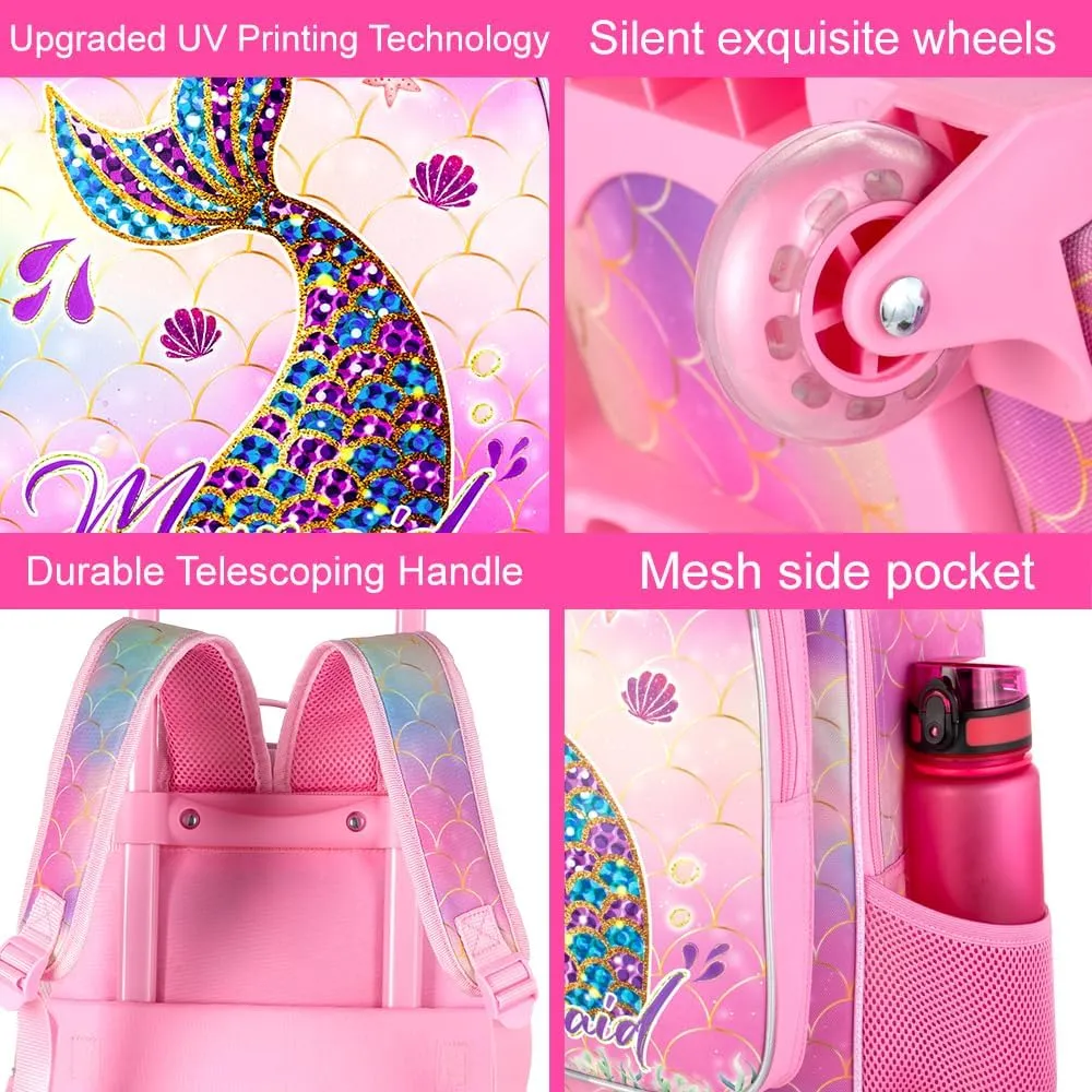 3PCS Mermaid Rolling Backpack for Girls, Kids School Backpacks with Wheels, Water Resistant UV Printed Roller Wheeled Bookbag Set with Lunch Box