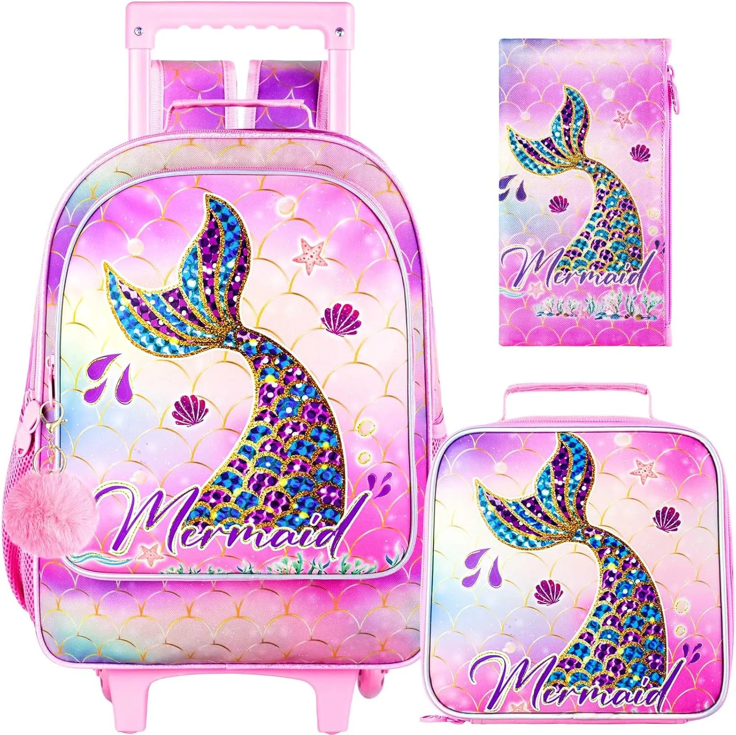 3PCS Mermaid Rolling Backpack for Girls, Kids School Backpacks with Wheels, Water Resistant UV Printed Roller Wheeled Bookbag Set with Lunch Box
