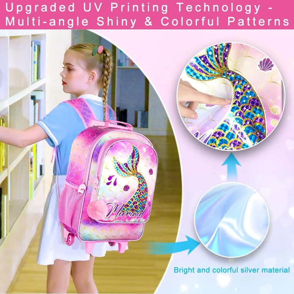 3PCS Mermaid Rolling Backpack for Girls, Kids School Backpacks with Wheels, Water Resistant UV Printed Roller Wheeled Bookbag Set with Lunch Box