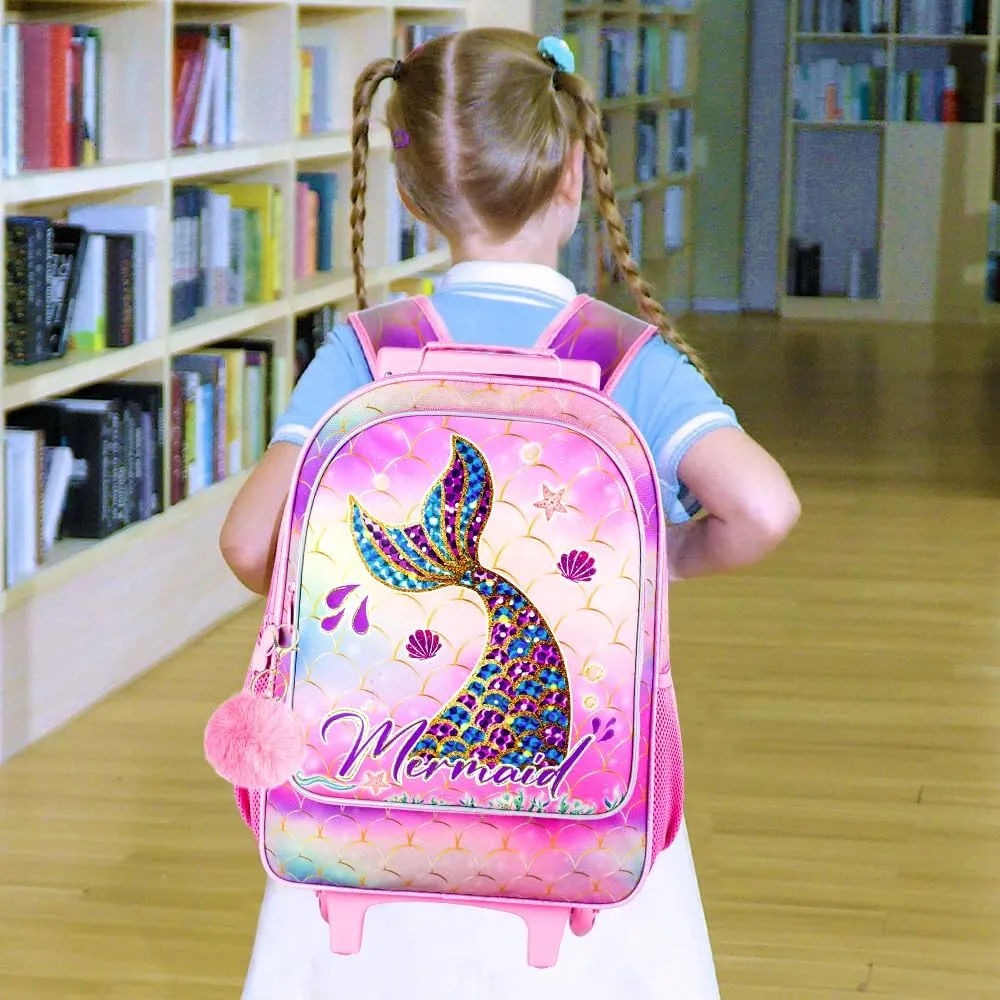 3PCS Mermaid Rolling Backpack for Girls, Kids School Backpacks with Wheels, Water Resistant UV Printed Roller Wheeled Bookbag Set with Lunch Box