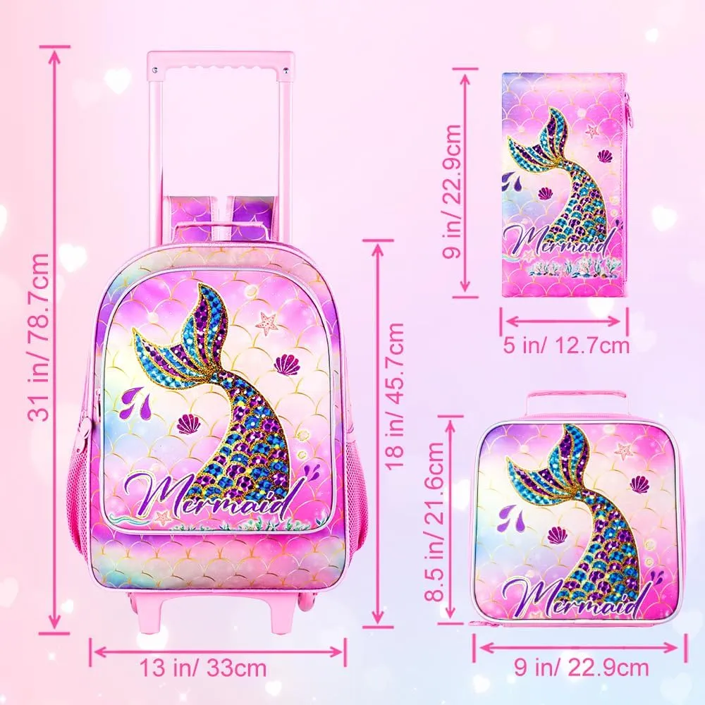 3PCS Mermaid Rolling Backpack for Girls, Kids School Backpacks with Wheels, Water Resistant UV Printed Roller Wheeled Bookbag Set with Lunch Box
