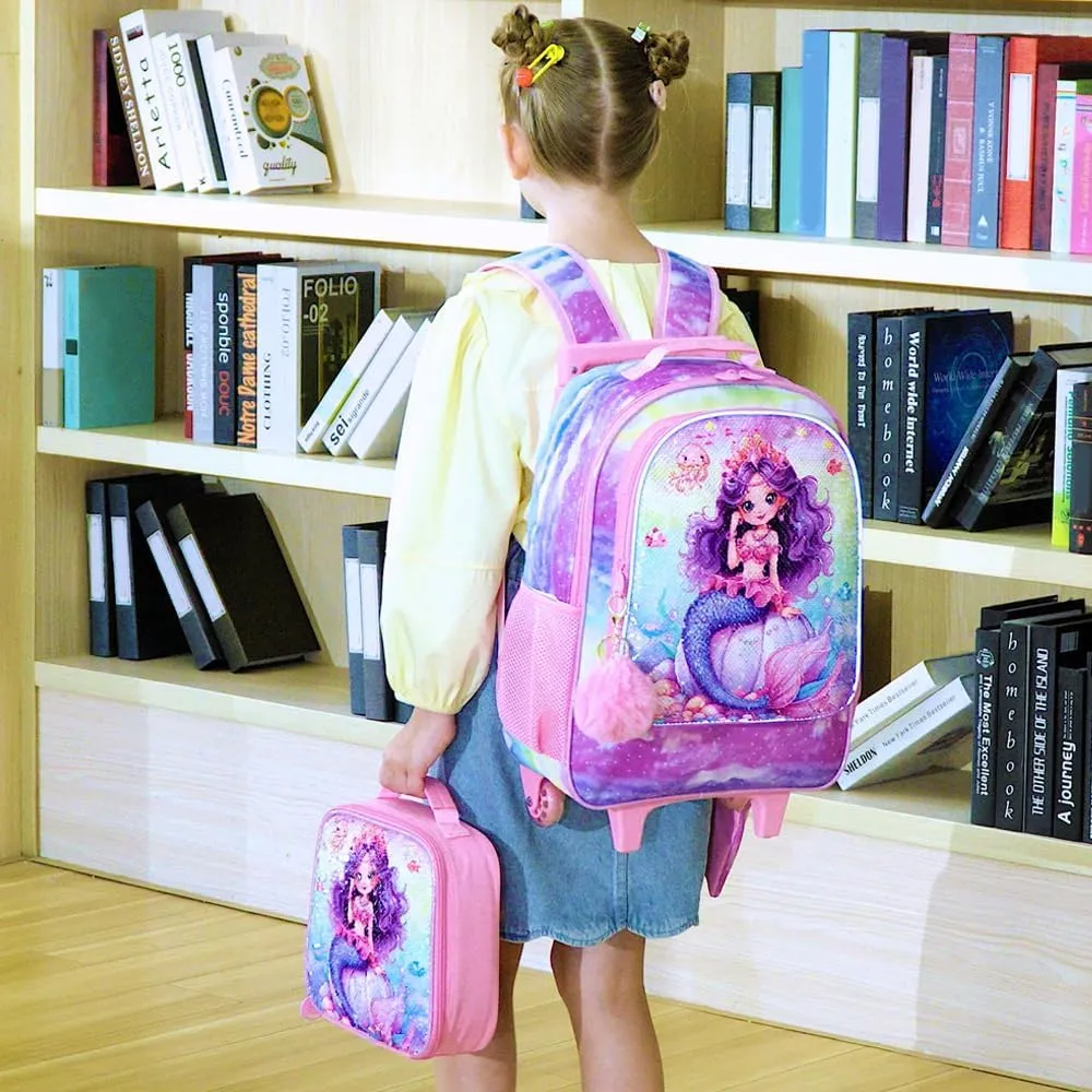3PCS Mermaid Rolling Bookbag for Girls, Kids Sequins School Backpack with Wheels, Water Resistant Roller Wheeled Bookbag Set with Lunch Box