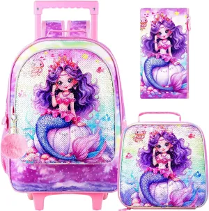 3PCS Mermaid Rolling Bookbag for Girls, Kids Sequins School Backpack with Wheels, Water Resistant Roller Wheeled Bookbag Set with Lunch Box
