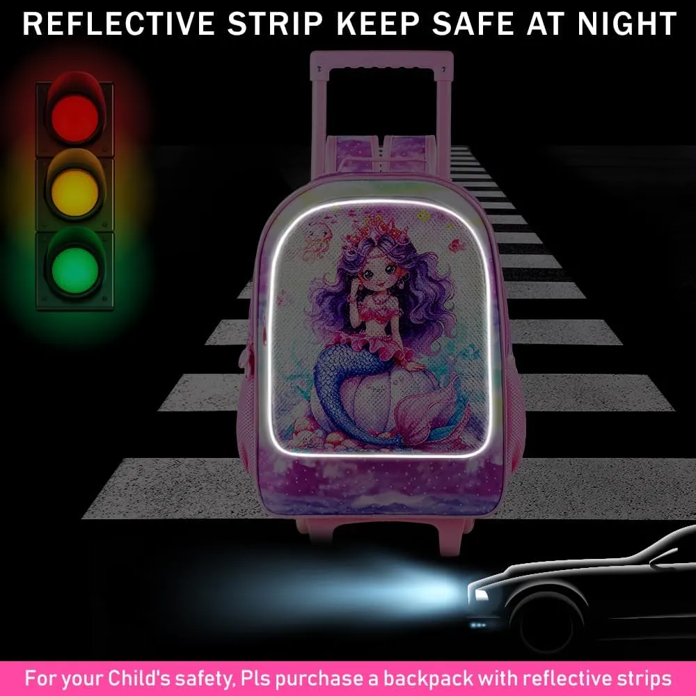 3PCS Mermaid Rolling Bookbag for Girls, Kids Sequins School Backpack with Wheels, Water Resistant Roller Wheeled Bookbag Set with Lunch Box
