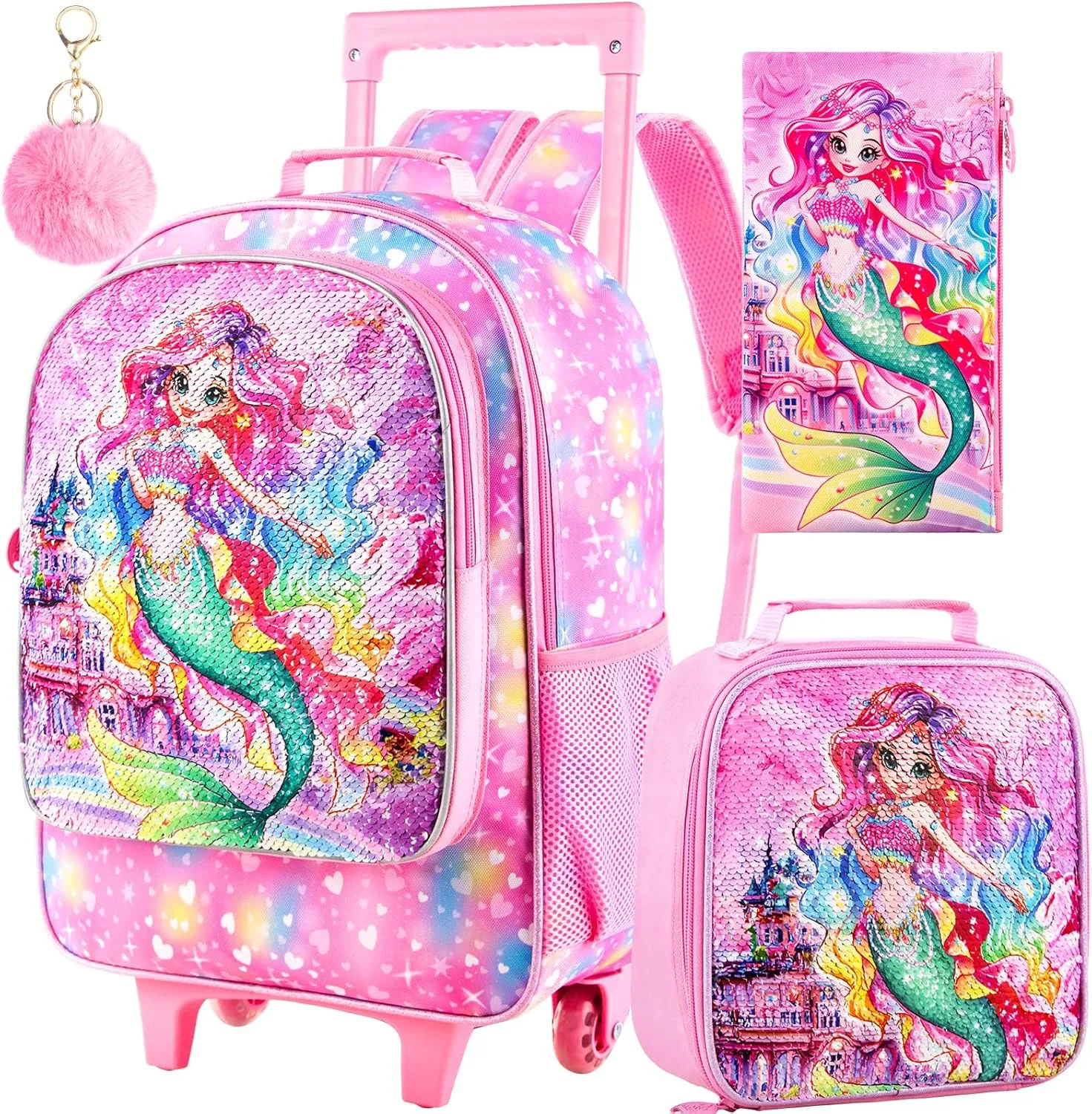 3PCS Rolling Backpack for Girls Boys, Kids Roller Wheeled Bookbag with Lunch Box, Backpacks with Wheels for Elementary