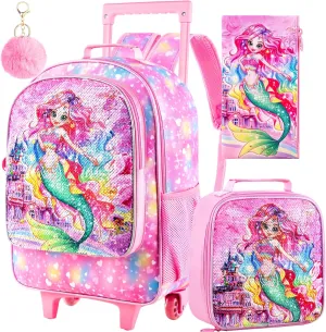 3PCS Rolling Backpack for Girls Boys, Kids Roller Wheeled Bookbag with Lunch Box, Backpacks with Wheels for Elementary