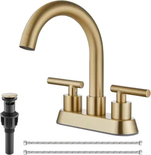 4 Inch Centerset Bathroom Sink Faucet Double Handles Bathroom Vanity Faucets 360 Degree Swivel Spout Deck Mount Mixer Tap with Pop-up Drain,Brushed Gold
