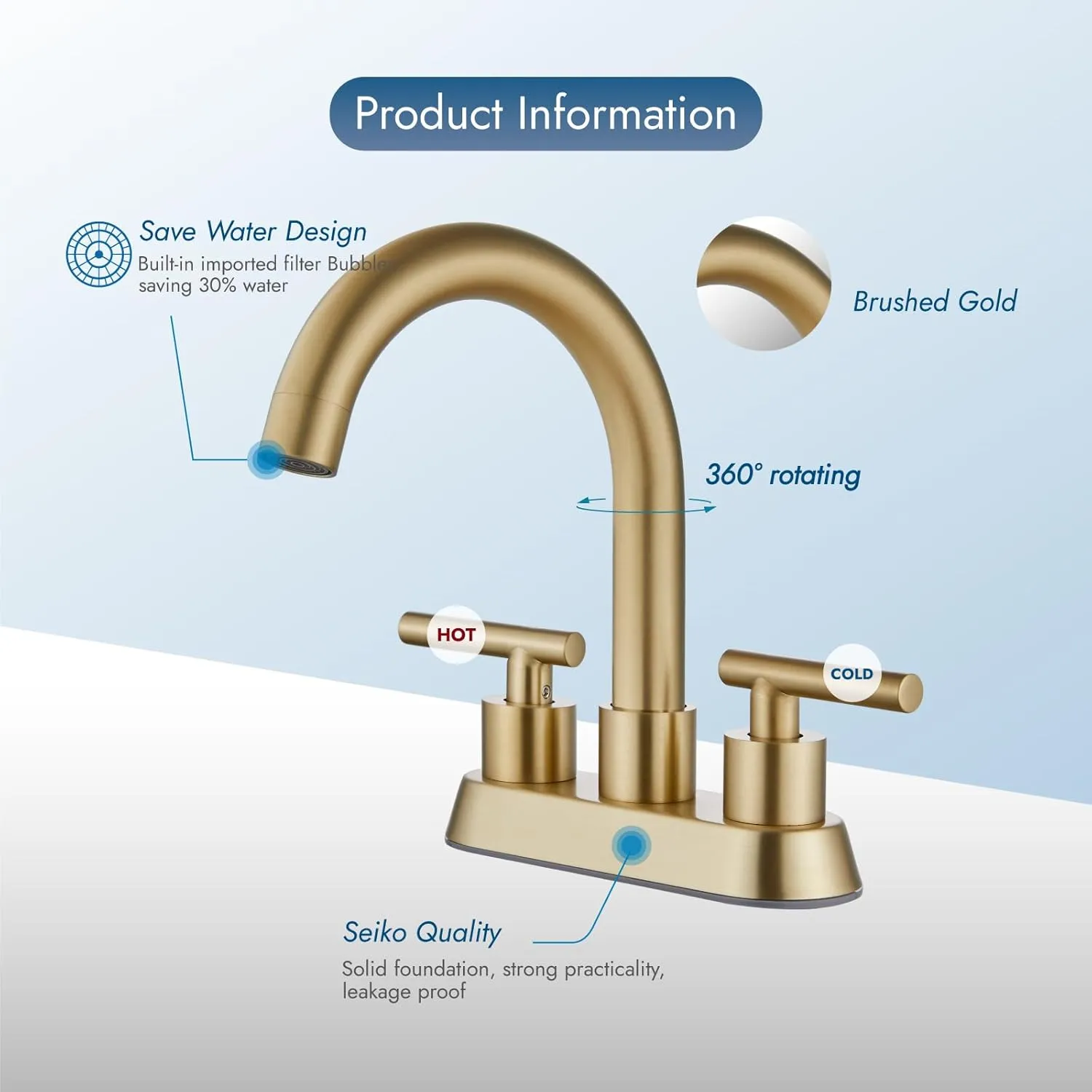 4 Inch Centerset Bathroom Sink Faucet Double Handles Bathroom Vanity Faucets 360 Degree Swivel Spout Deck Mount Mixer Tap with Pop-up Drain,Brushed Gold