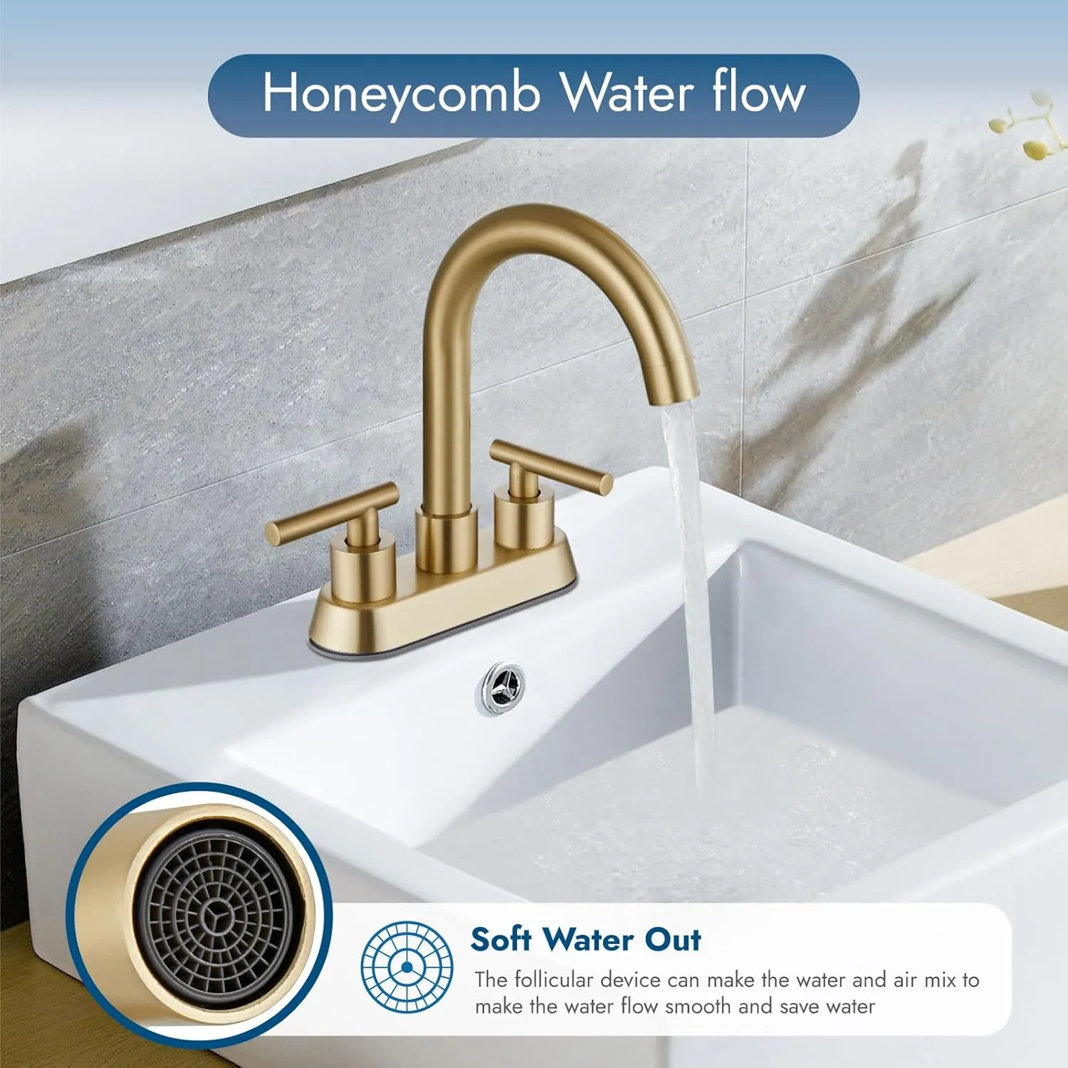 4 Inch Centerset Bathroom Sink Faucet Double Handles Bathroom Vanity Faucets 360 Degree Swivel Spout Deck Mount Mixer Tap with Pop-up Drain,Brushed Gold