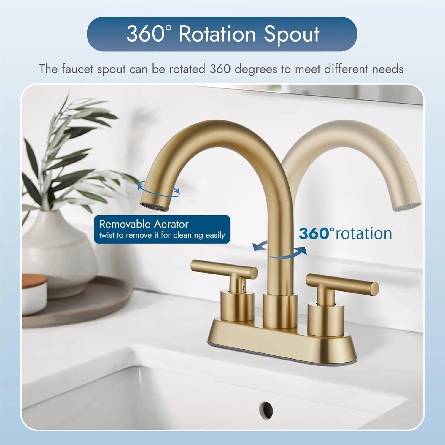 4 Inch Centerset Bathroom Sink Faucet Double Handles Bathroom Vanity Faucets 360 Degree Swivel Spout Deck Mount Mixer Tap with Pop-up Drain,Brushed Gold