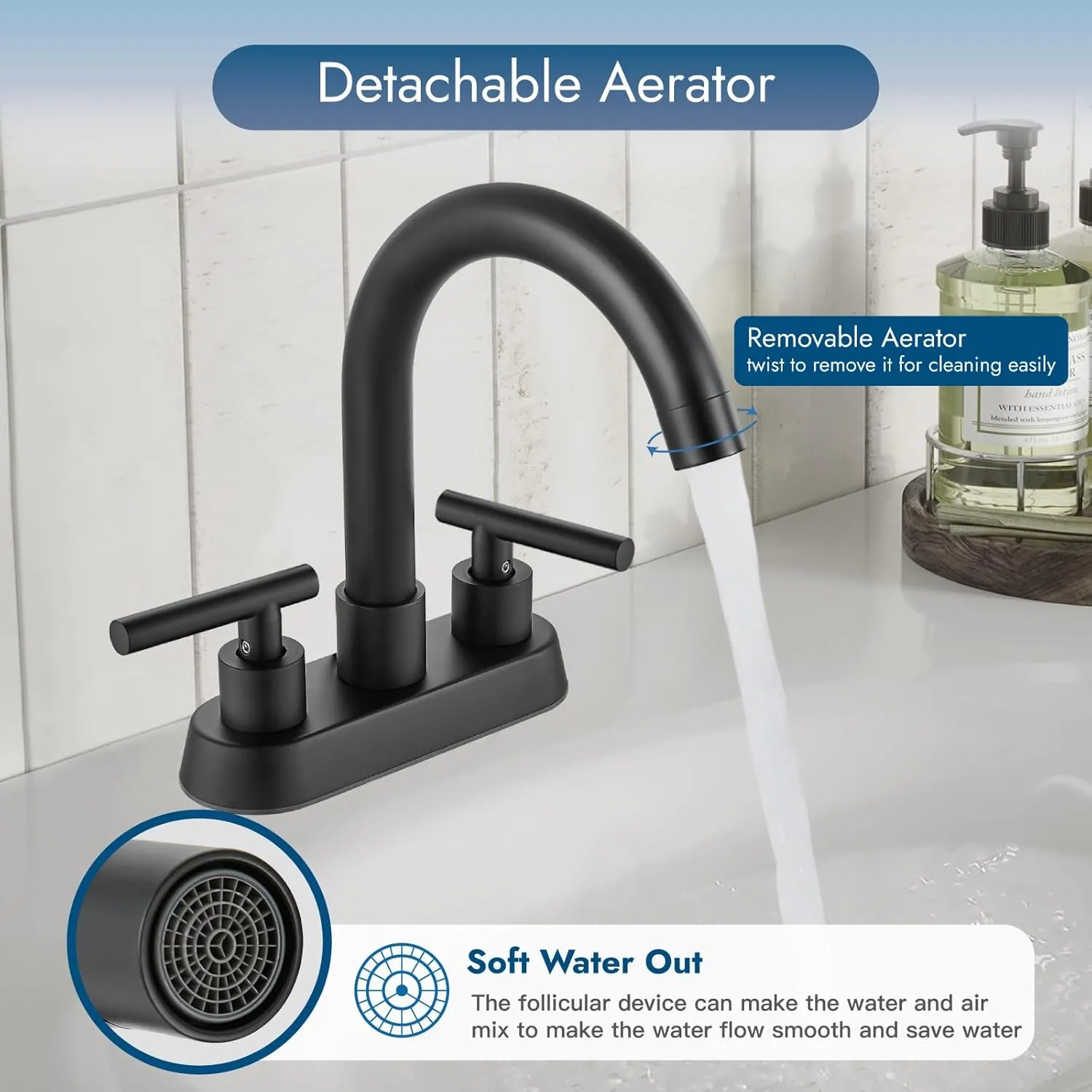 4 Inch Centerset Bathroom Sink Faucet Double Handles Bathroom Vanity Faucets 360 Degree Swivel Spout Deck Mount Mixer Tap with Pop-up Drain,Matte Black