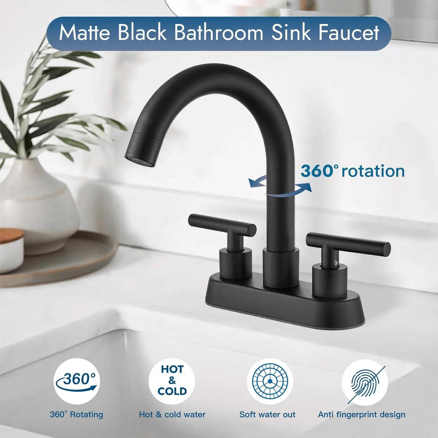 4 Inch Centerset Bathroom Sink Faucet Double Handles Bathroom Vanity Faucets 360 Degree Swivel Spout Deck Mount Mixer Tap with Pop-up Drain,Matte Black