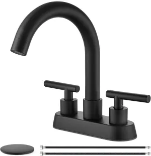 4 Inch Centerset Bathroom Sink Faucet Double Handles Bathroom Vanity Faucets 360 Degree Swivel Spout Deck Mount Mixer Tap with Pop-up Drain,Matte Black