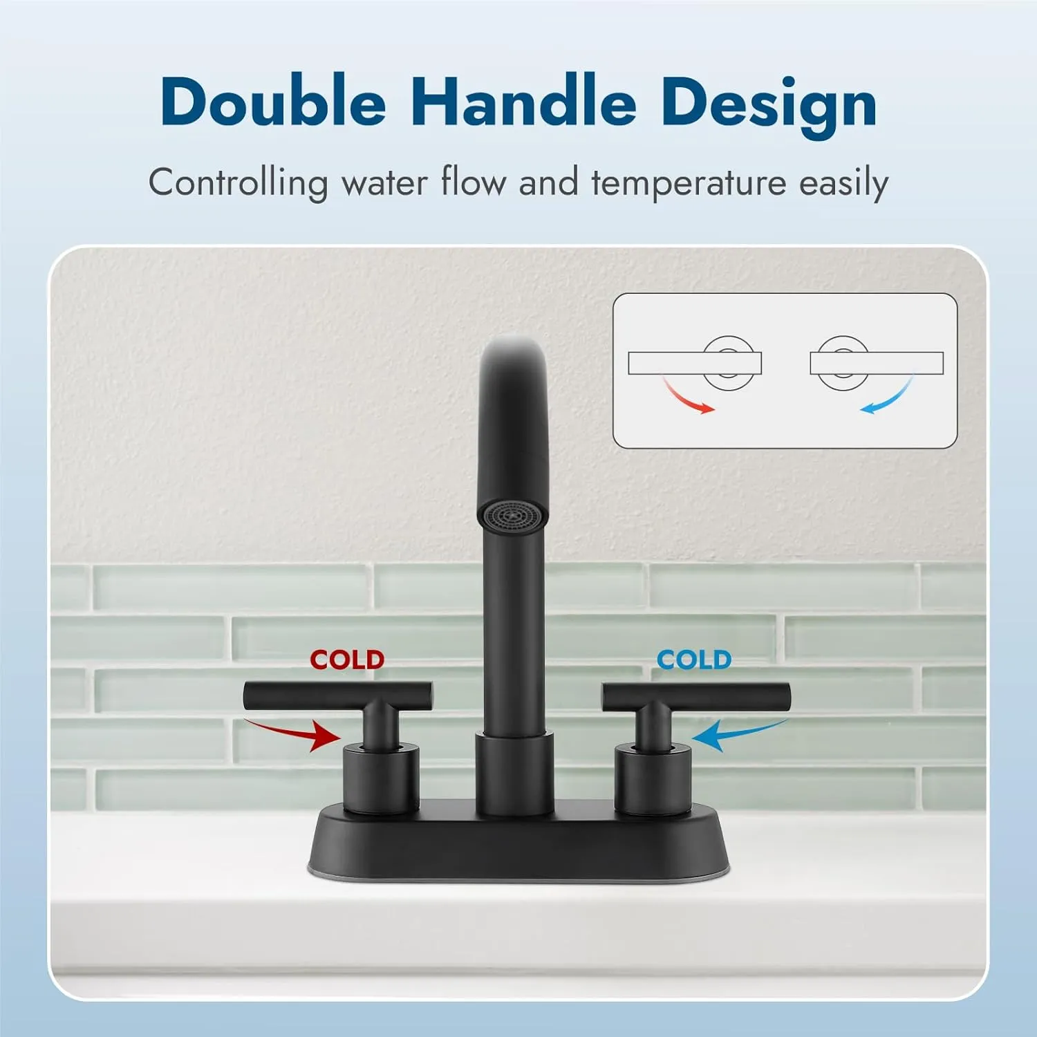 4 Inch Centerset Bathroom Sink Faucet Double Handles Bathroom Vanity Faucets 360 Degree Swivel Spout Deck Mount Mixer Tap with Pop-up Drain,Matte Black