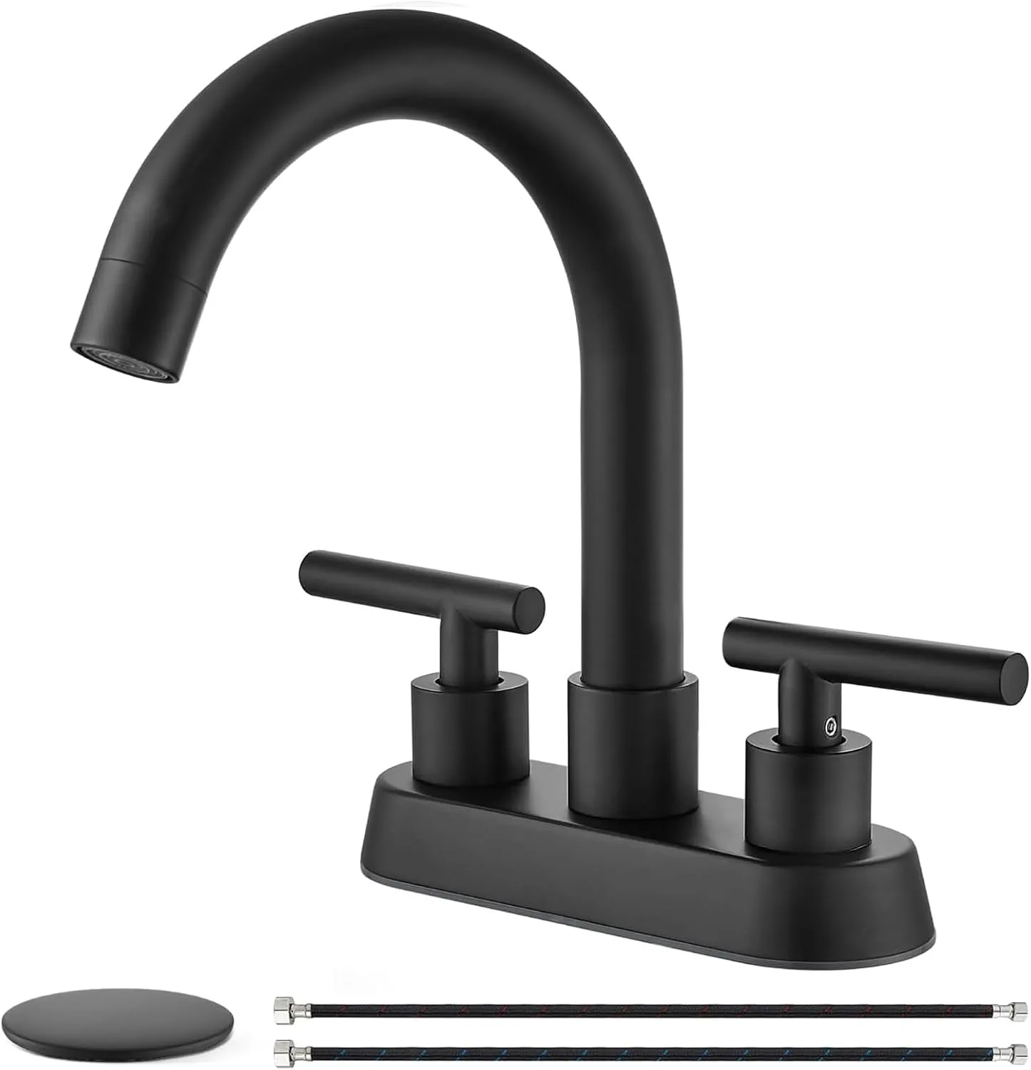 4 Inch Centerset Bathroom Sink Faucet Double Handles Bathroom Vanity Faucets 360 Degree Swivel Spout Deck Mount Mixer Tap with Pop-up Drain,Matte Black