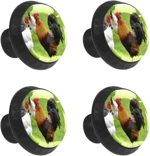 4 Pcs Cabinet Drawer Knobs Rooster Village Farm Grass Round Crystal Glass Furniture Drawer Handles Dresser Cupboard Pulls with Screws for Home Kitchen Office Bathroom Wardrobe
