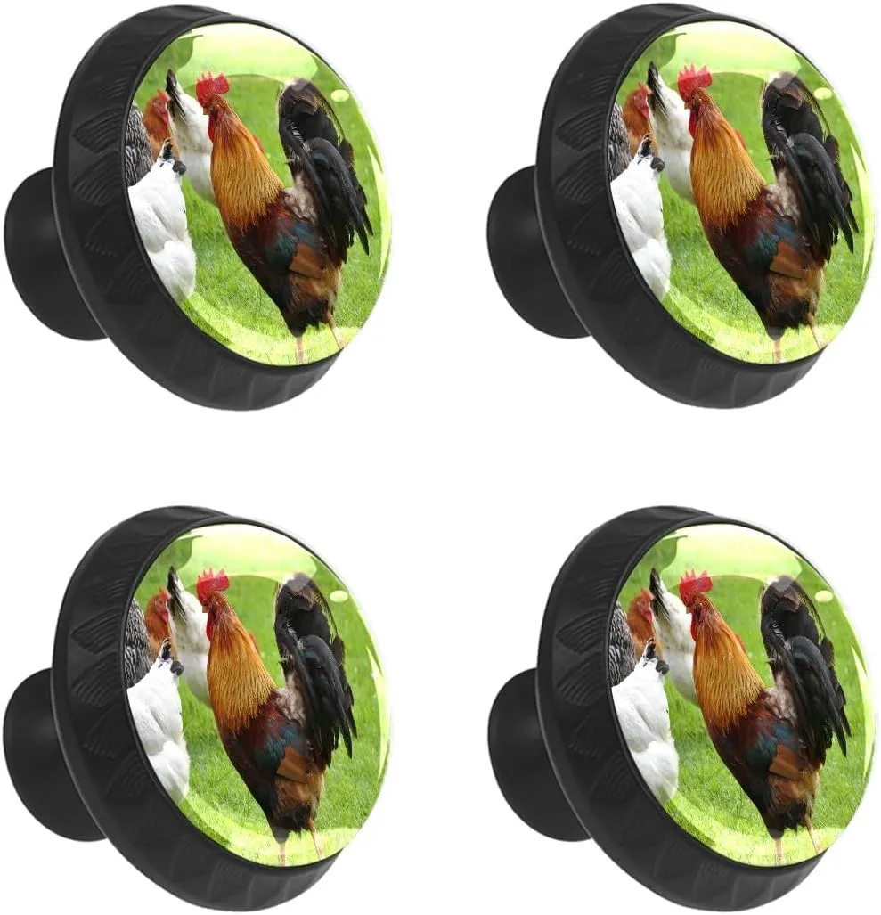 4 Pcs Cabinet Drawer Knobs Rooster Village Farm Grass Round Crystal Glass Furniture Drawer Handles Dresser Cupboard Pulls with Screws for Home Kitchen Office Bathroom Wardrobe