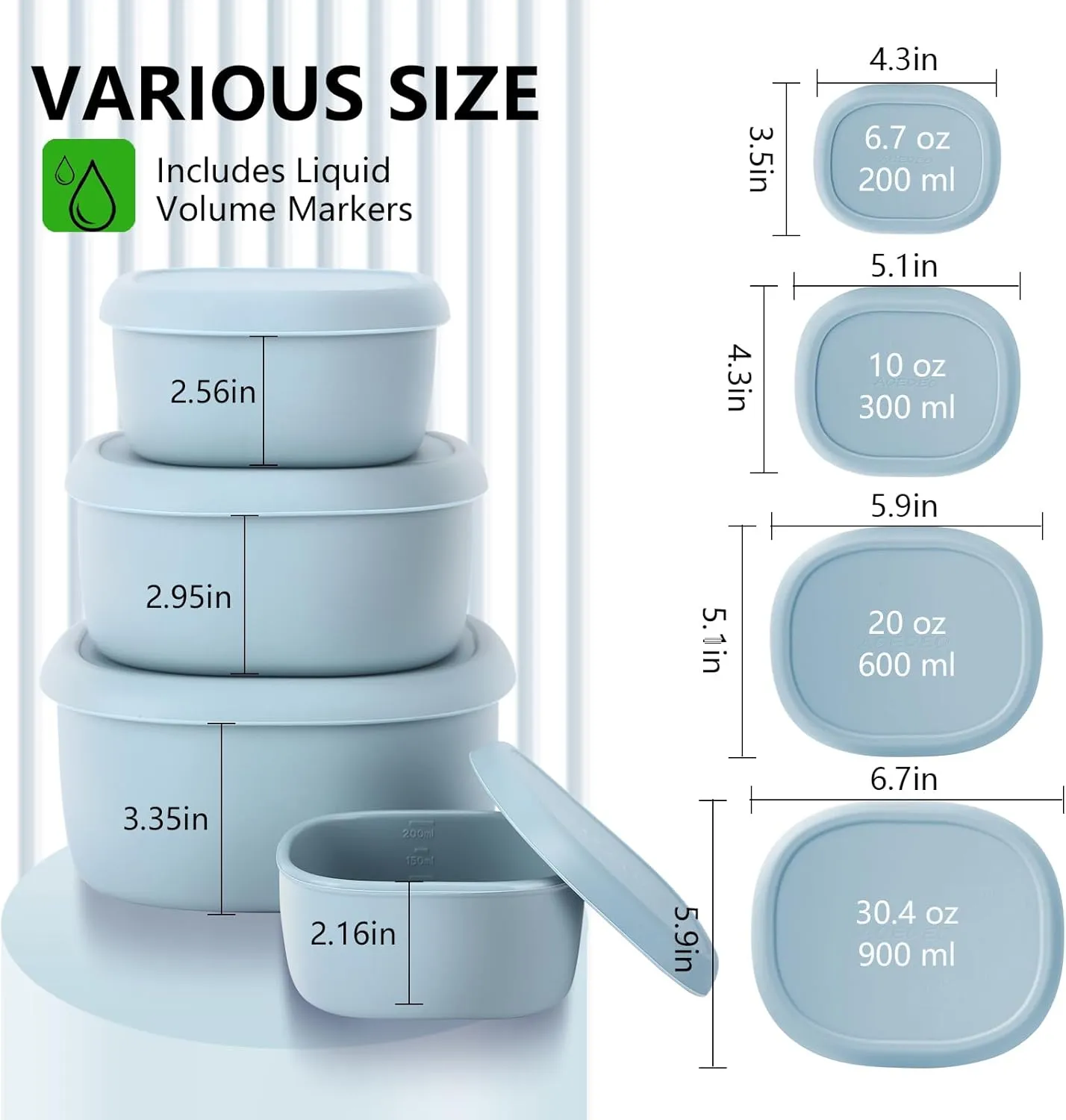 4 Pcs Silicone Food Storage Containers with Lids，BPA Free Reusable Silicone Storage Containers for Food Freezer Dishwasher Safe (33.8oz, 20oz, 10oz, 6.7oz)（blue）
