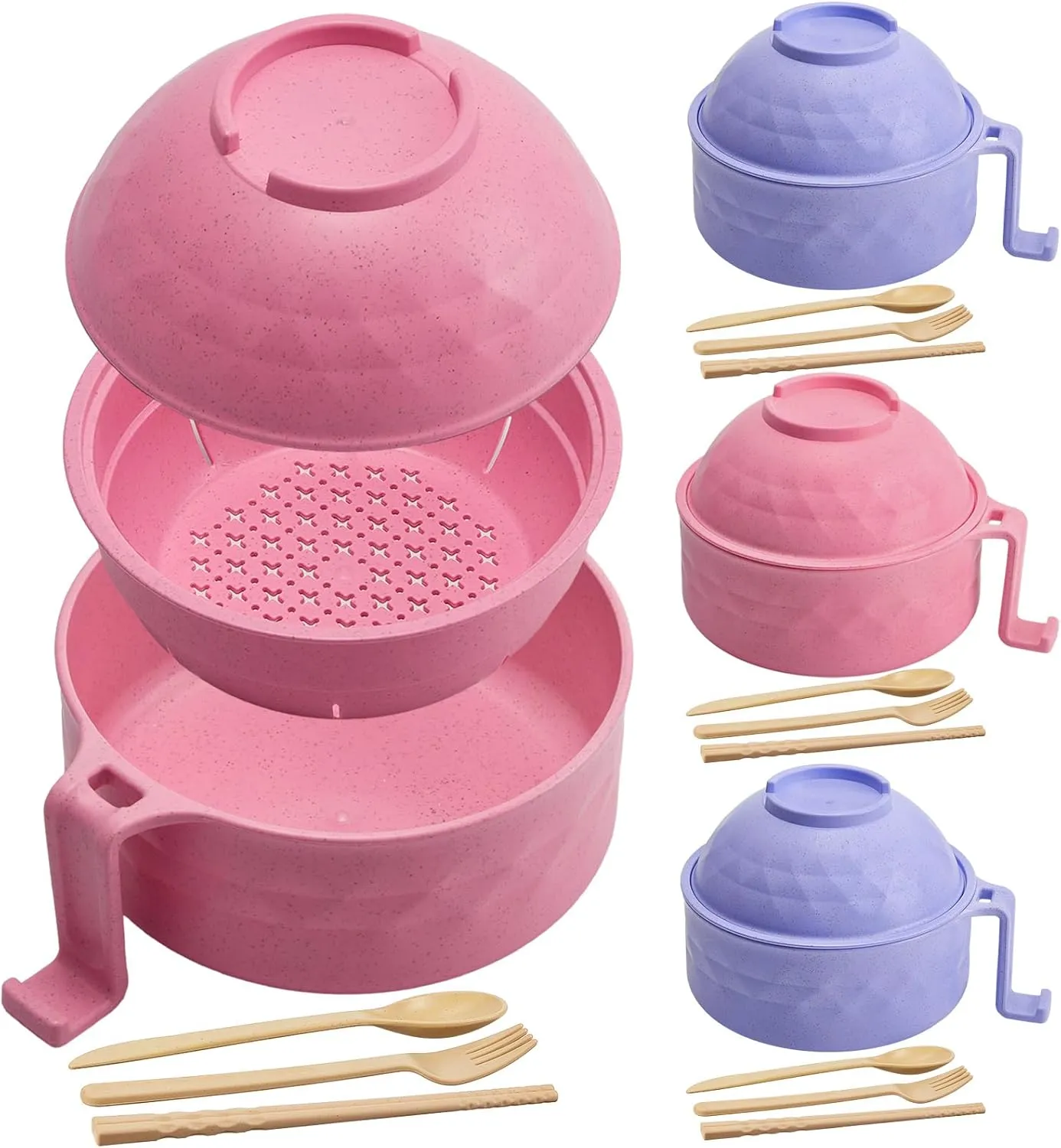 4 Sets Microwave Ramen Cooker Bowl Set 33 oz Quick Ramen Cooker with Handles Ramen Noodle Cooker with Spoon Chopsticks Fork College Dorm Room Apartment Essentials(Pink, Purple)