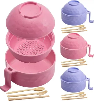 4 Sets Microwave Ramen Cooker Bowl Set 33 oz Quick Ramen Cooker with Handles Ramen Noodle Cooker with Spoon Chopsticks Fork College Dorm Room Apartment Essentials(Pink, Purple)