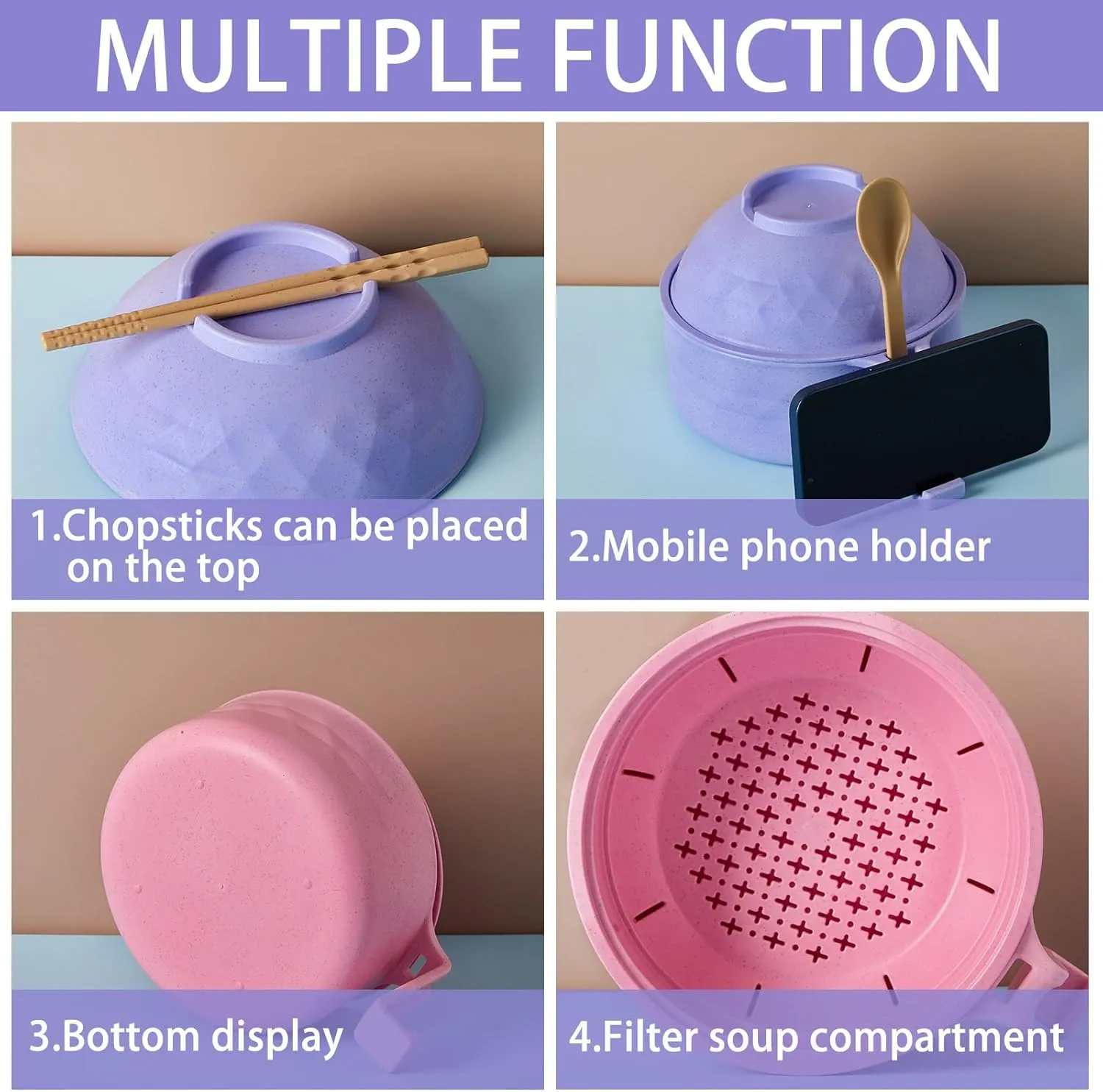 4 Sets Microwave Ramen Cooker Bowl Set 33 oz Quick Ramen Cooker with Handles Ramen Noodle Cooker with Spoon Chopsticks Fork College Dorm Room Apartment Essentials(Pink, Purple)