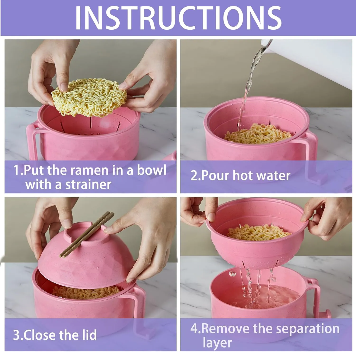 4 Sets Microwave Ramen Cooker Bowl Set 33 oz Quick Ramen Cooker with Handles Ramen Noodle Cooker with Spoon Chopsticks Fork College Dorm Room Apartment Essentials(Pink, Purple)