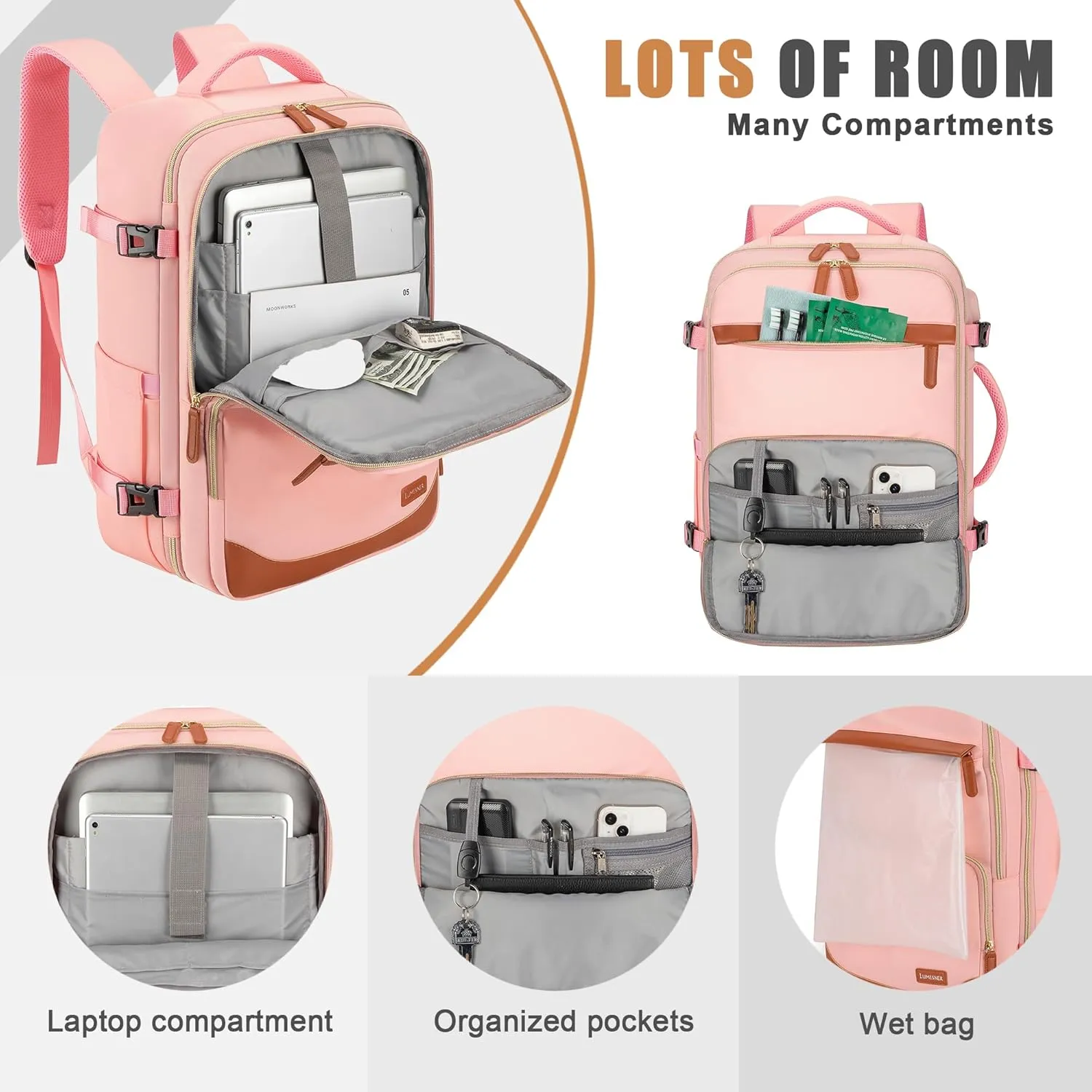 40L Travel Backpack with USB Charging Port, Water-Resistant Carry On Backpack for Men Women, Business Laptop Backpack for Men & Women, Trips & Commutes, Fits 15.6/17.3 Inch Laptop(Pink)