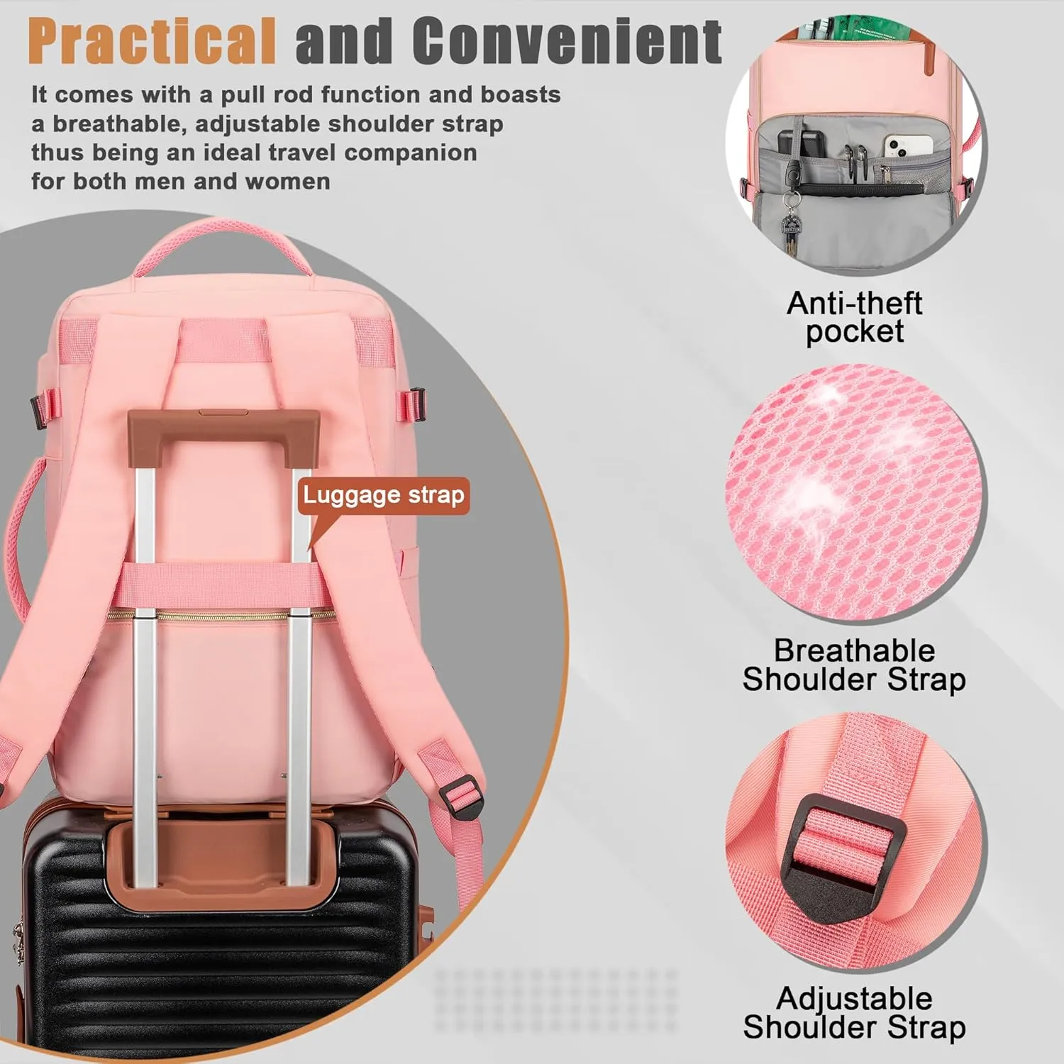 40L Travel Backpack with USB Charging Port, Water-Resistant Carry On Backpack for Men Women, Business Laptop Backpack for Men & Women, Trips & Commutes, Fits 15.6/17.3 Inch Laptop(Pink)