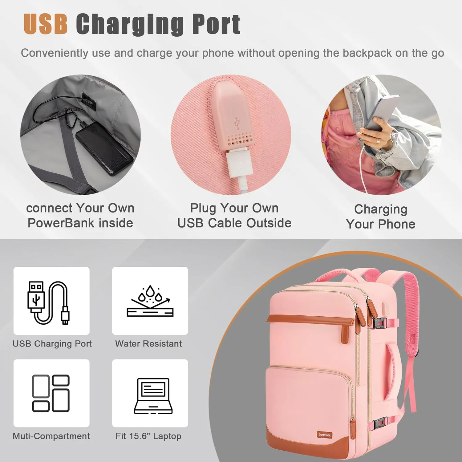 40L Travel Backpack with USB Charging Port, Water-Resistant Carry On Backpack for Men Women, Business Laptop Backpack for Men & Women, Trips & Commutes, Fits 15.6/17.3 Inch Laptop(Pink)