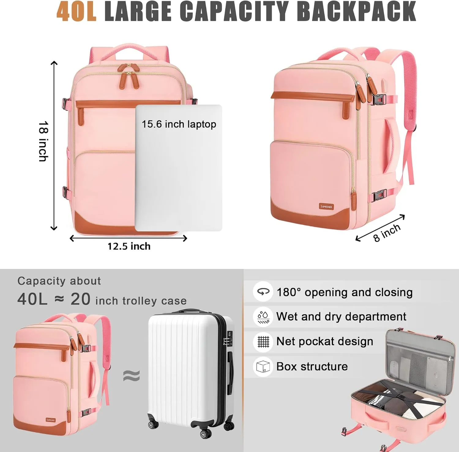40L Travel Backpack with USB Charging Port, Water-Resistant Carry On Backpack for Men Women, Business Laptop Backpack for Men & Women, Trips & Commutes, Fits 15.6/17.3 Inch Laptop(Pink)