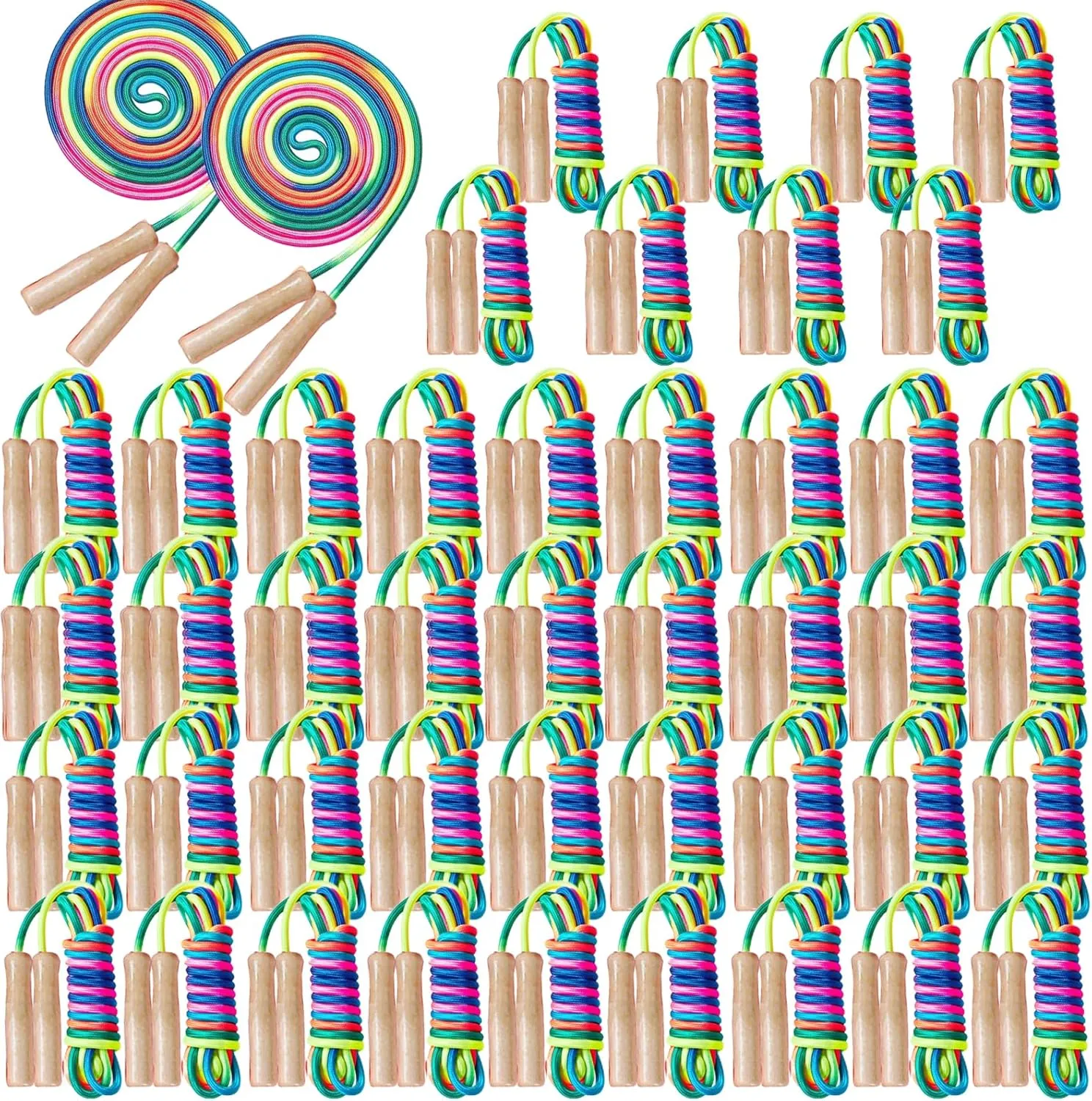 48 Pcs 8.53 ft Adjustable Jump Rope for Kids Rainbow Cotton Jump Rope Bulk with Wooden Handles for Boys Girls Students Preschooler Outdoor Exercise