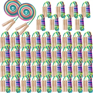 48 Pcs 8.53 ft Adjustable Jump Rope for Kids Rainbow Cotton Jump Rope Bulk with Wooden Handles for Boys Girls Students Preschooler Outdoor Exercise