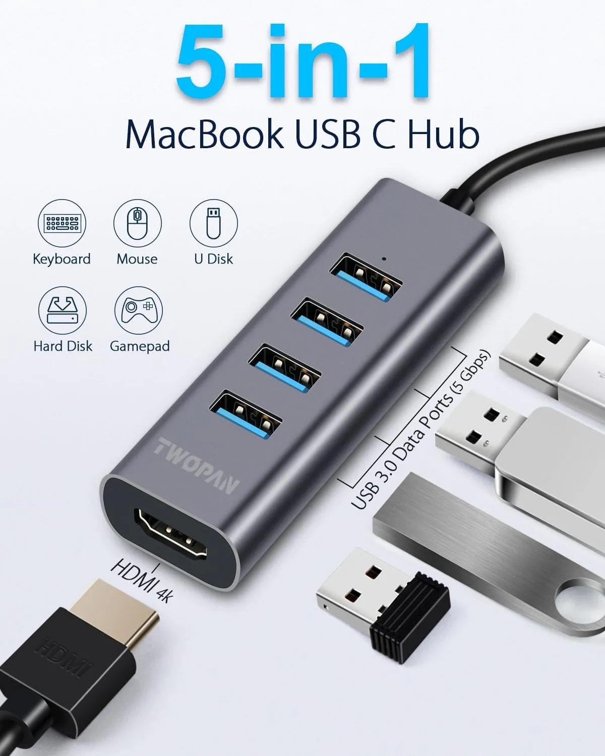 5 in 1 USB C Hub with 4K HDMI, 4 USB 3.0 Ports, Multiport Adapter for Laptop, MacBook Pro/Air, iMac, iPad, Pixelbook, Thinkpad, XPS and USB-C Devices