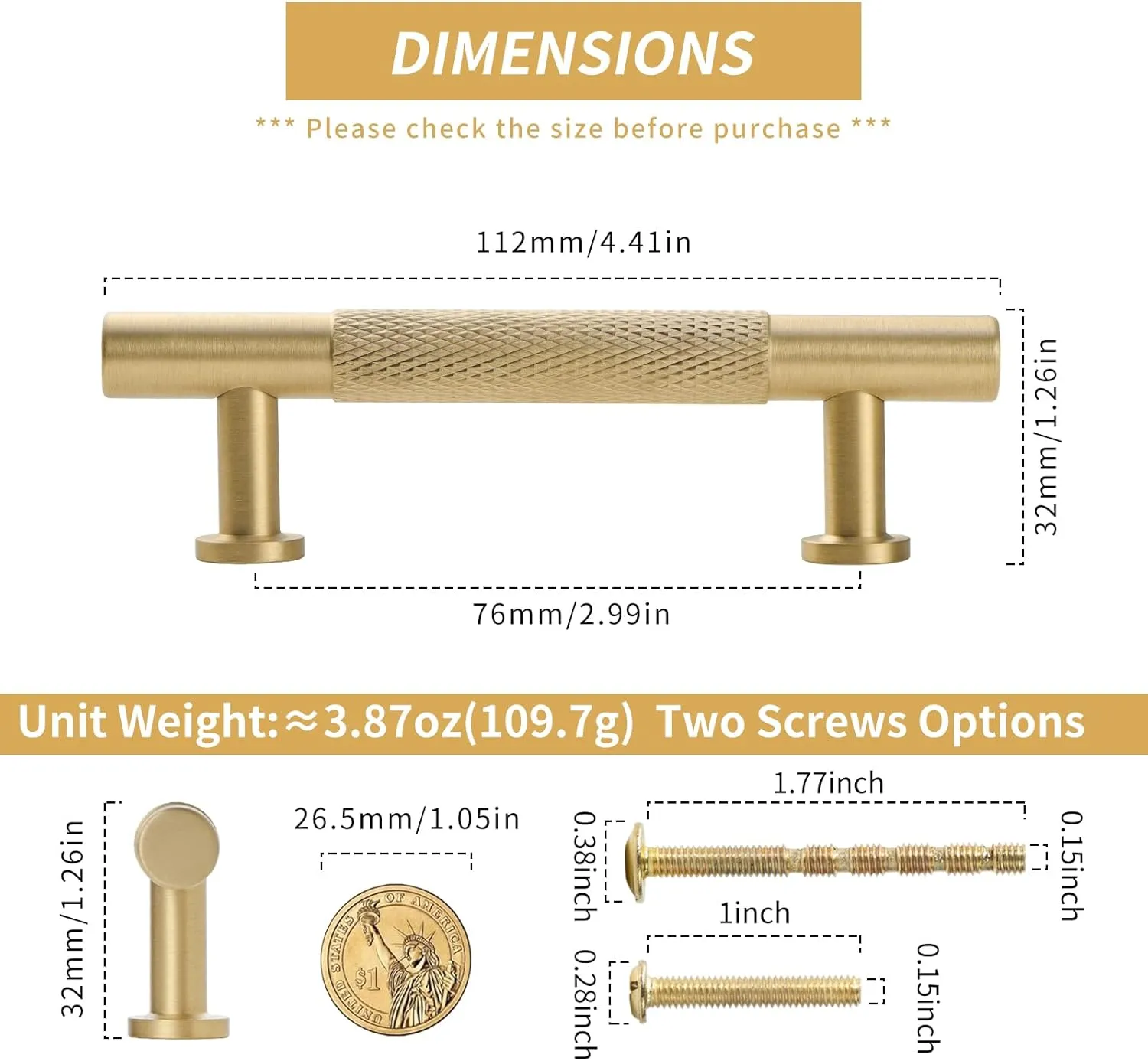 5 Pack Gold Cabinet Handles, 3 Inch Brass Dresser Drawer Pulls, Modern Furniture Handles for Bathroom Cabinet, Wardrobe Kitchen Door Hardware
