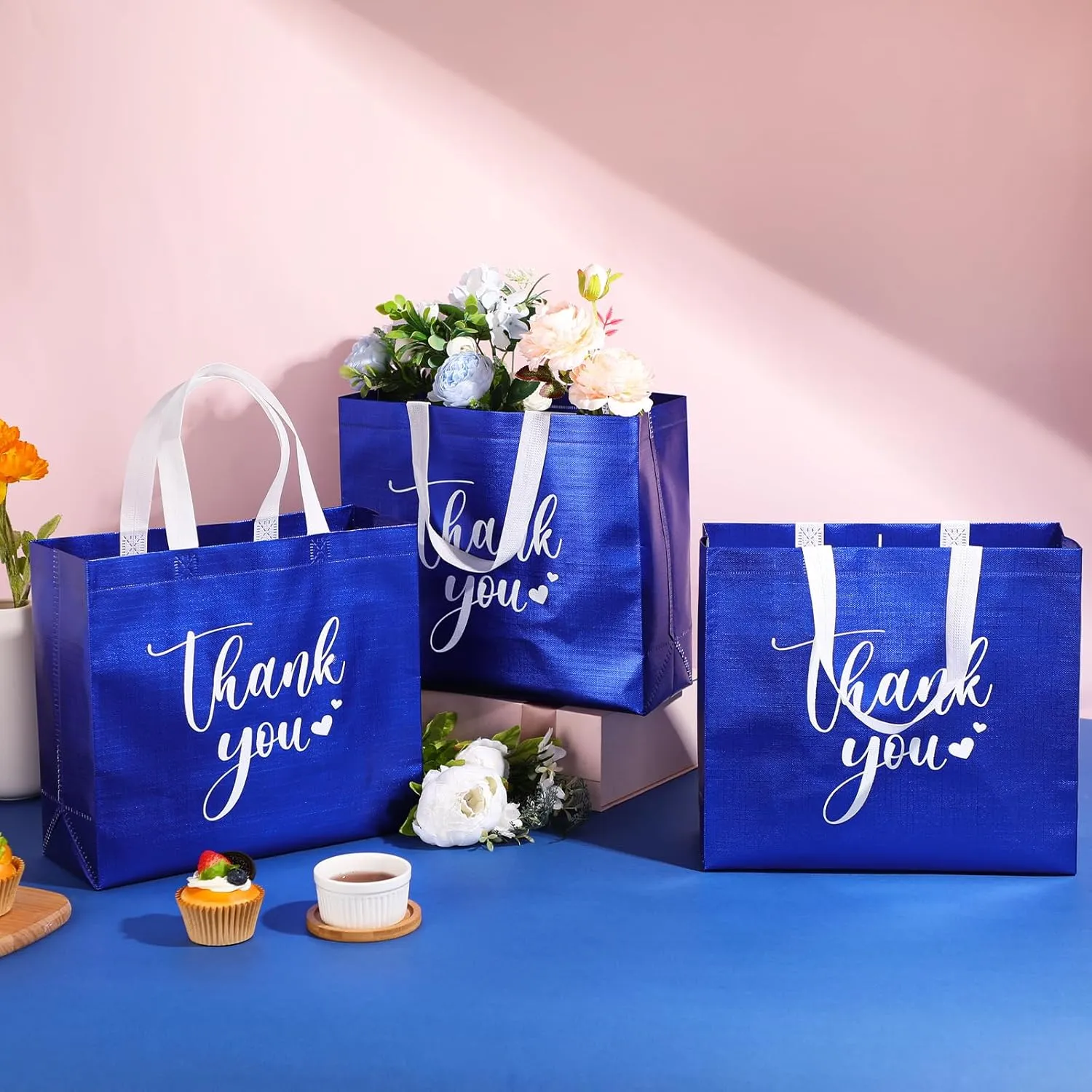 50 Pcs Thank You Gift Bags with Handles Bulk Thank You Non Woven Bags Reusable Gift handbags Bridesmaid Souvenir Goodie handbags for Wedding Shopping(11 x 12 x 5 Inch,Royal Blue)