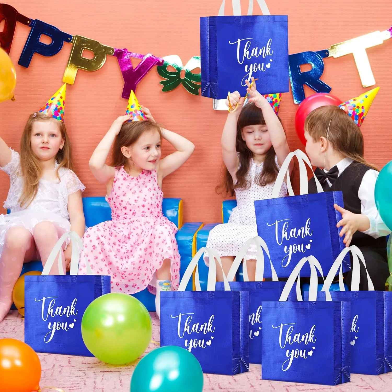 50 Pcs Thank You Gift Bags with Handles Bulk Thank You Non Woven Bags Reusable Gift handbags Bridesmaid Souvenir Goodie handbags for Wedding Shopping(11 x 12 x 5 Inch,Royal Blue)