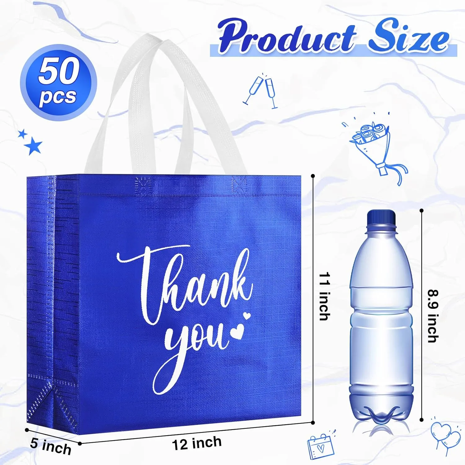 50 Pcs Thank You Gift Bags with Handles Bulk Thank You Non Woven Bags Reusable Gift handbags Bridesmaid Souvenir Goodie handbags for Wedding Shopping(11 x 12 x 5 Inch,Royal Blue)