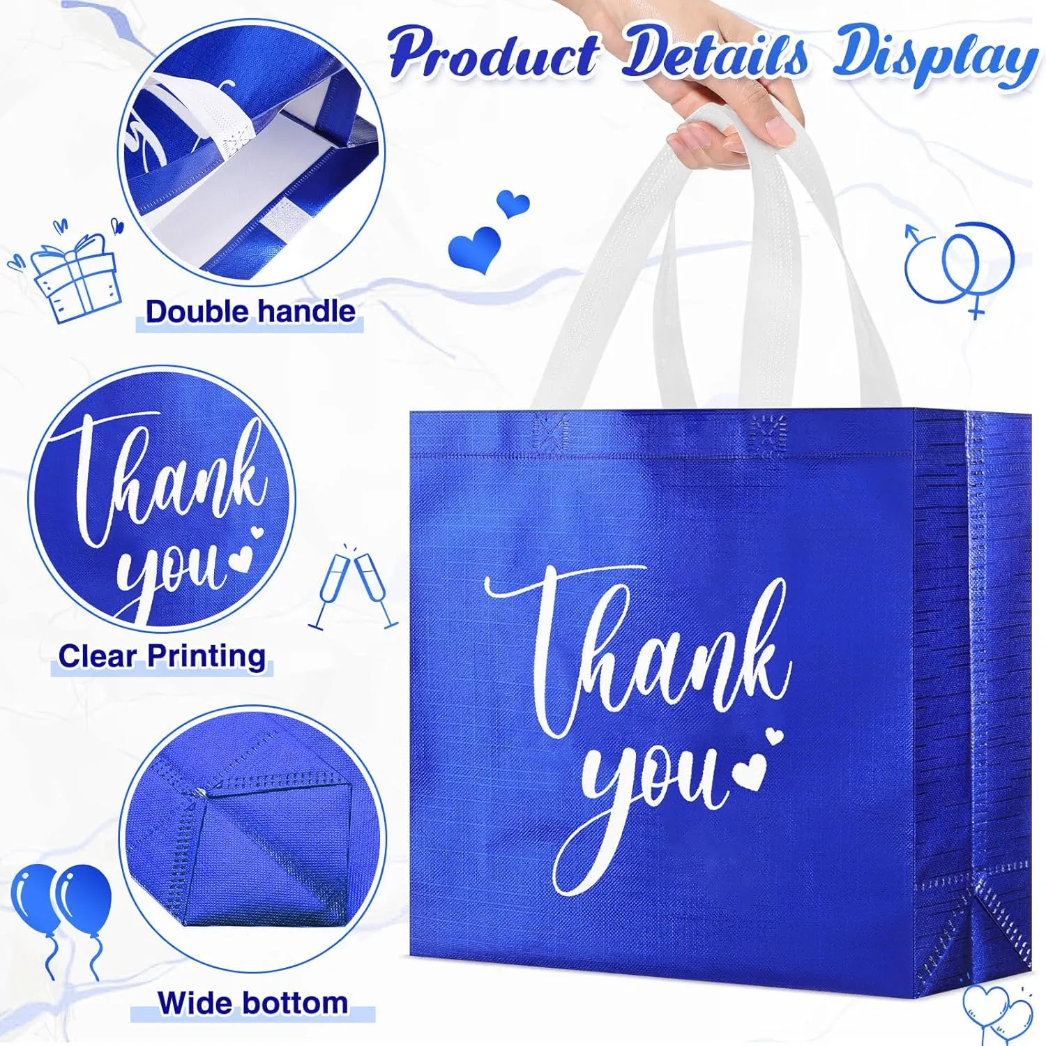 50 Pcs Thank You Gift Bags with Handles Bulk Thank You Non Woven Bags Reusable Gift handbags Bridesmaid Souvenir Goodie handbags for Wedding Shopping(11 x 12 x 5 Inch,Royal Blue)