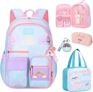 5PCS Kids Backpack Set Cute Student School Backpack for Girls, Kawaii Large Capacity Schoolbag Starry Rainbow Laptop Travel Bag, 16.5in Dreamy Gradient Daypack for Primary Elementary School, Blue