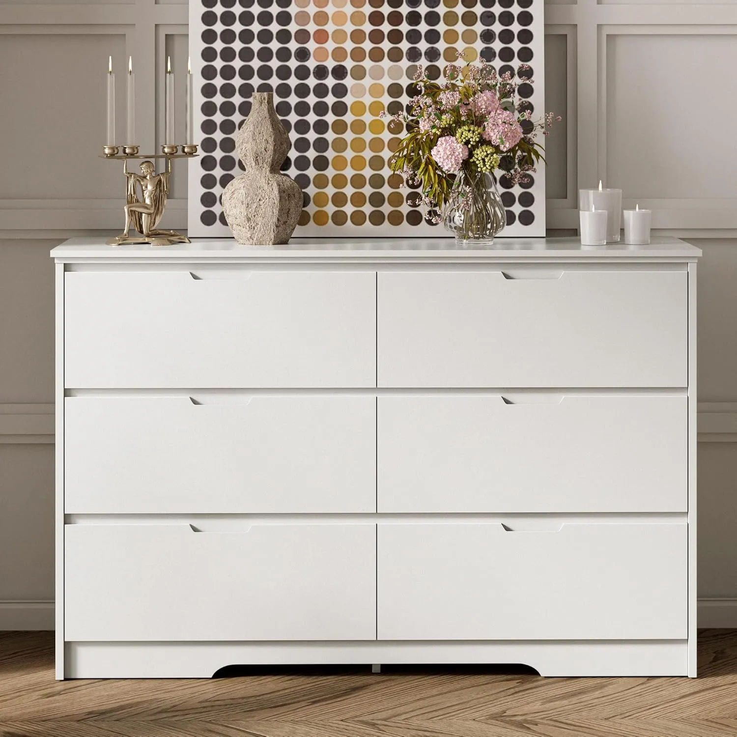 6 Drawers White Dresser for Bedroom, Wood Large Double Dresser with Hidden Handles, Modern Chests of Deep Drawer Storage Organizer for Hallway, Entryway