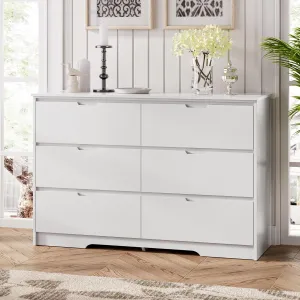 6 Drawers White Dresser for Bedroom, Wood Large Double Dresser with Hidden Handles, Modern Chests of Deep Drawer Storage Organizer for Hallway, Entryway