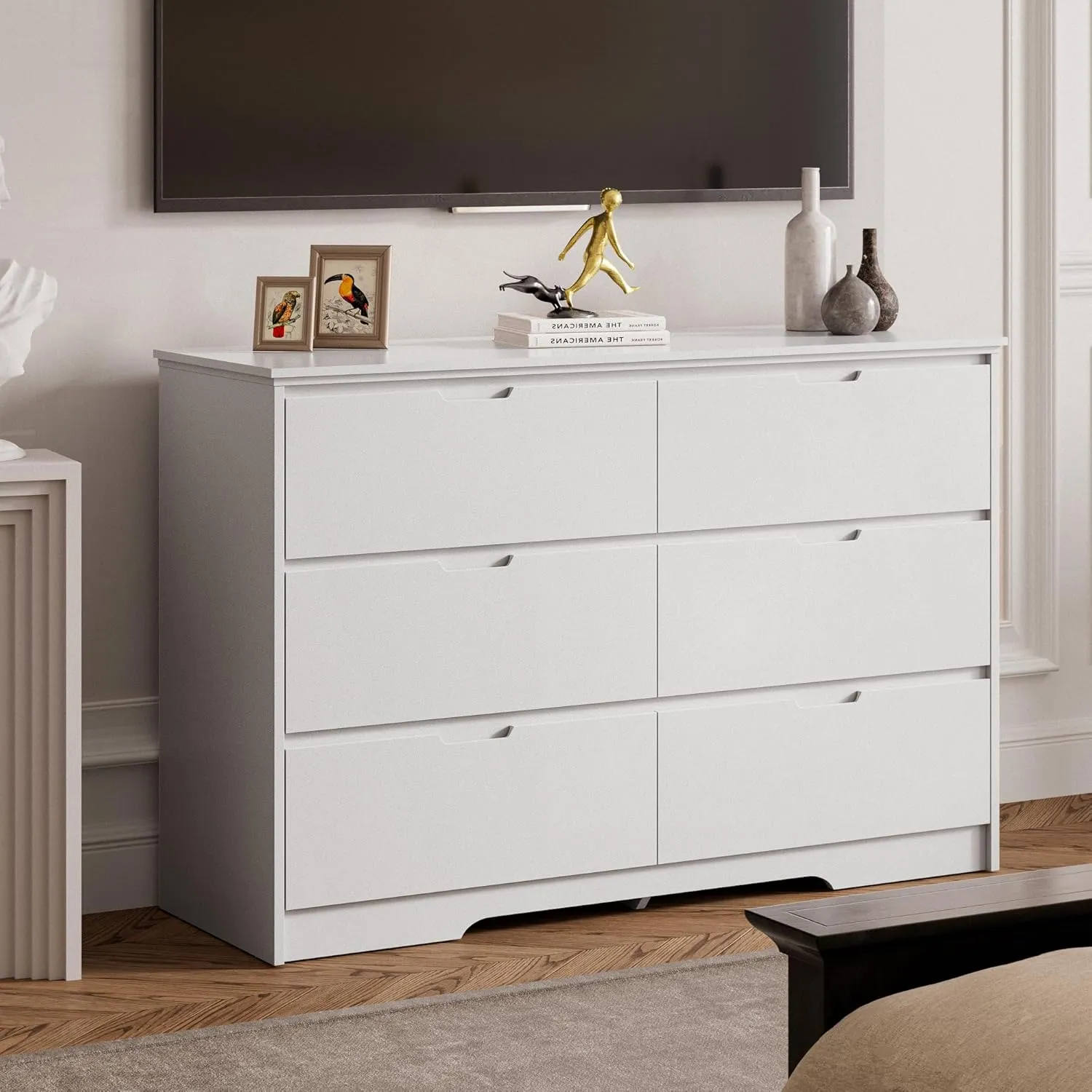 6 Drawers White Dresser for Bedroom, Wood Large Double Dresser with Hidden Handles, Modern Chests of Deep Drawer Storage Organizer for Hallway, Entryway