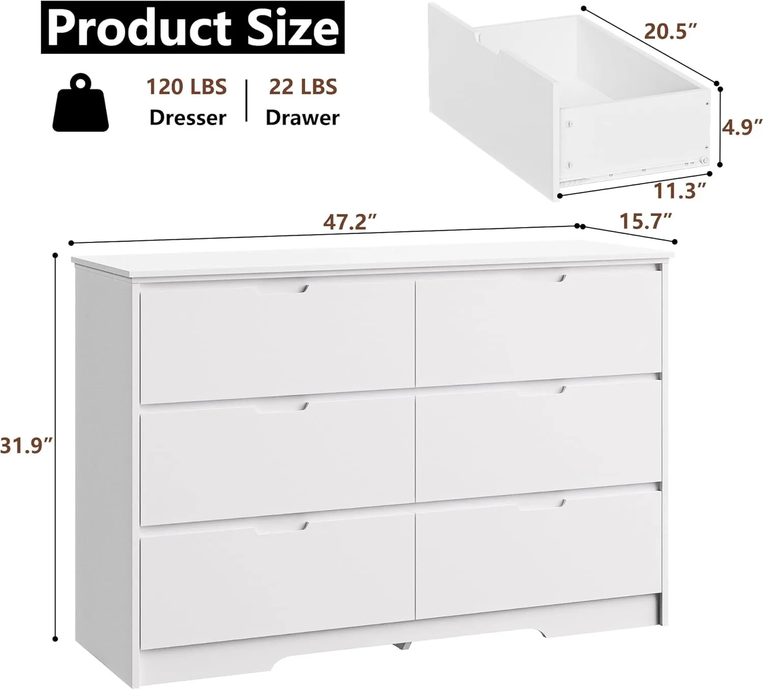 6 Drawers White Dresser for Bedroom, Wood Large Double Dresser with Hidden Handles, Modern Chests of Deep Drawer Storage Organizer for Hallway, Entryway