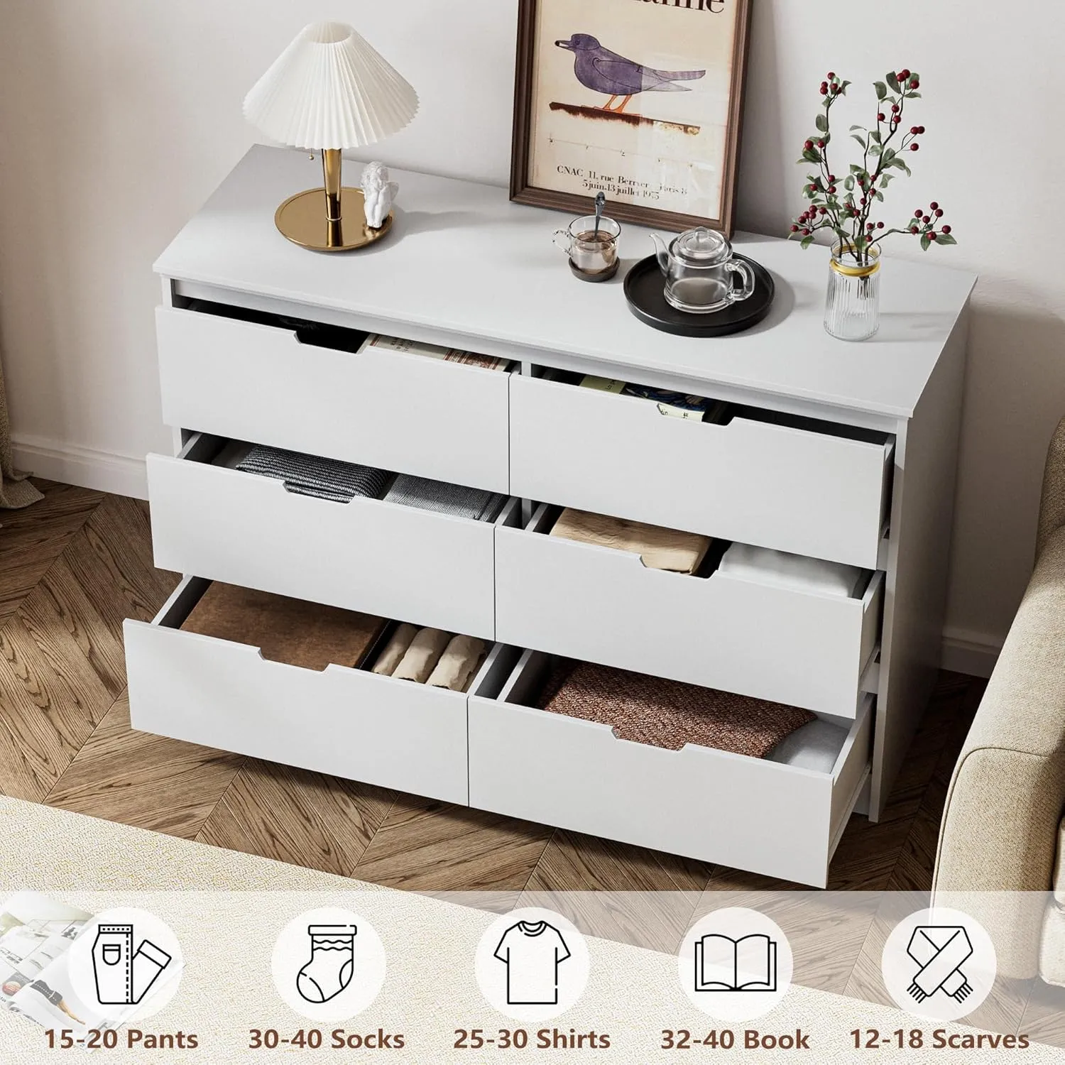 6 Drawers White Dresser for Bedroom, Wood Large Double Dresser with Hidden Handles, Modern Chests of Deep Drawer Storage Organizer for Hallway, Entryway