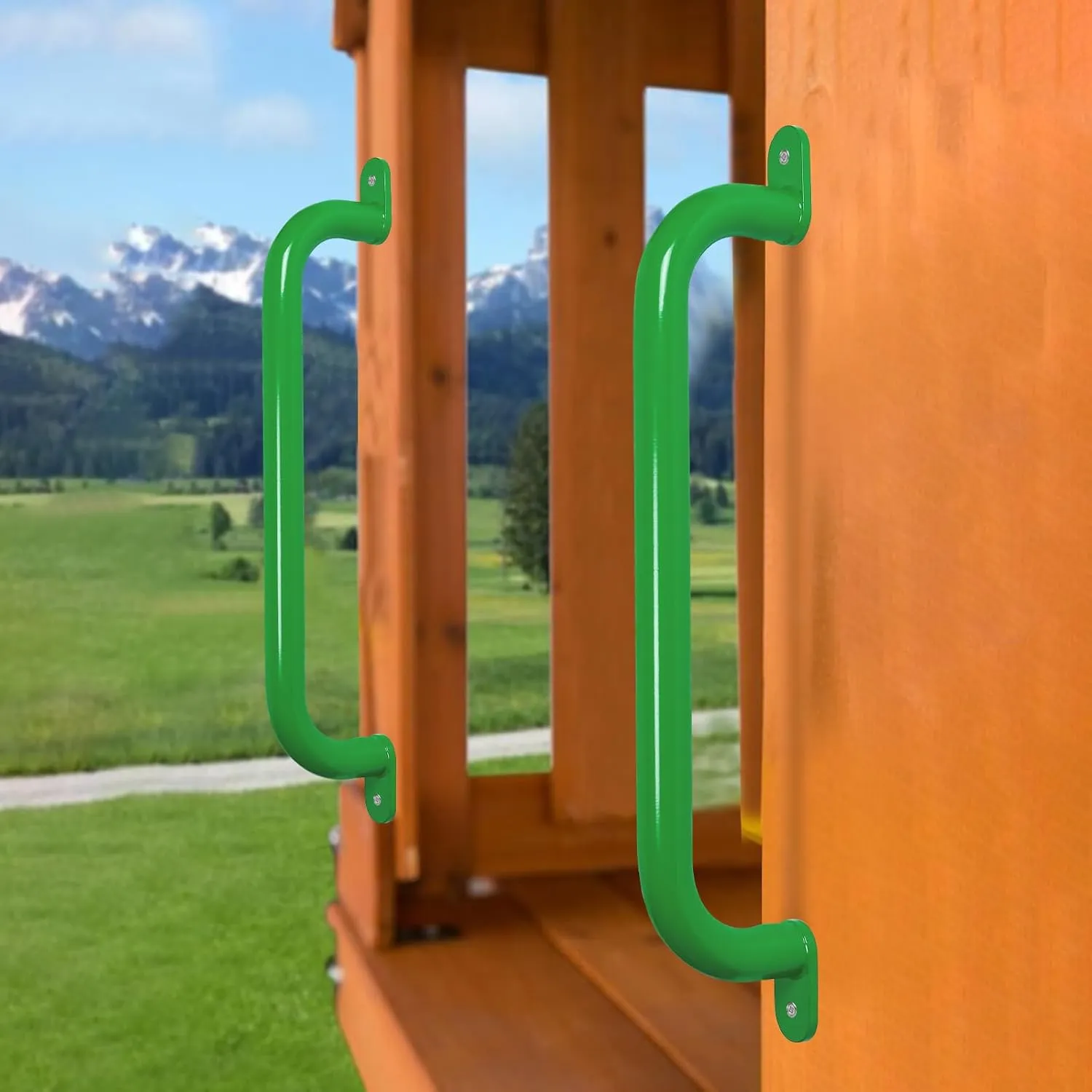 6 Pack 17 Inch Green Metal Safety Handles for Playground - Swing Set Accessories Grab Handles, Playset Hand Grips, Kids Indoor Monkey Bars for Jungle Gym, Climbing Frame